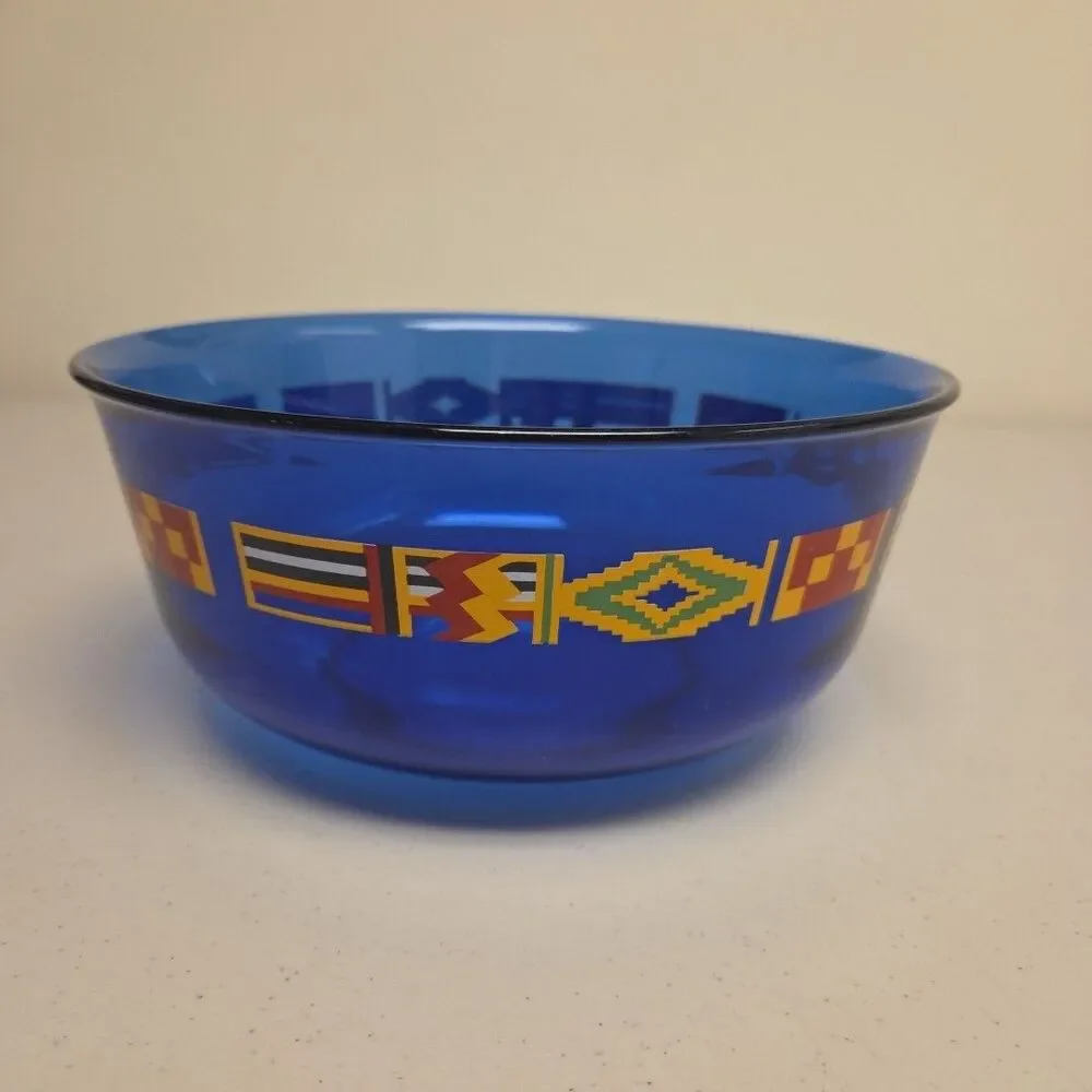 Vintage Arcoroc France Cobalt Kente Flag Trim Serving Bowl 8.75